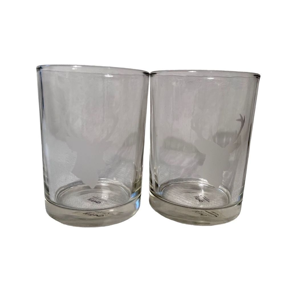 Set of 2 TMD Holdings Deer/Elk Trophy Head Etched Rocks Whiskey Glass Barware